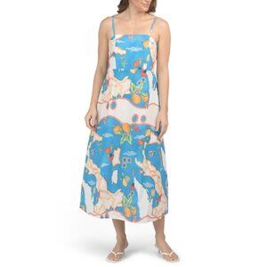 SPIGHE DI LINO Italy Linen Blend Italian Postcard Print Maxi Dress